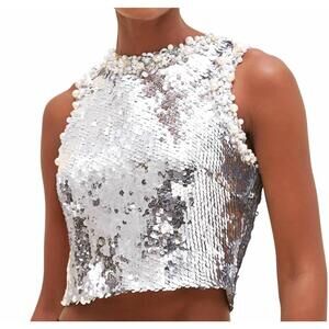 NEW PATBO women's moonlight sequin top in silver